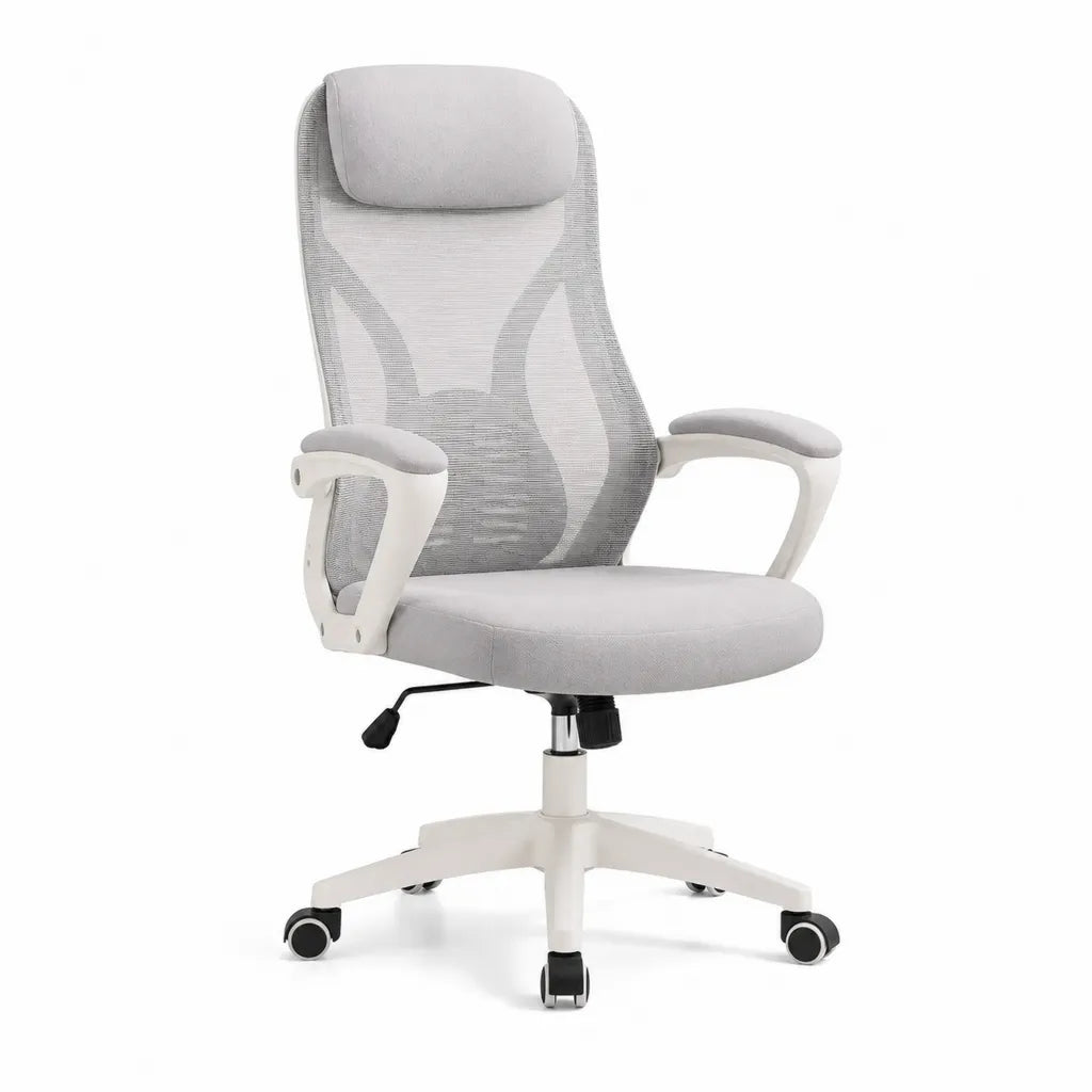 Ergonomischer Bürostuhl mit Kopfstütze Polyester-Netzrücken Hellgrau Weiß 64 x 64 x 116-126 cm