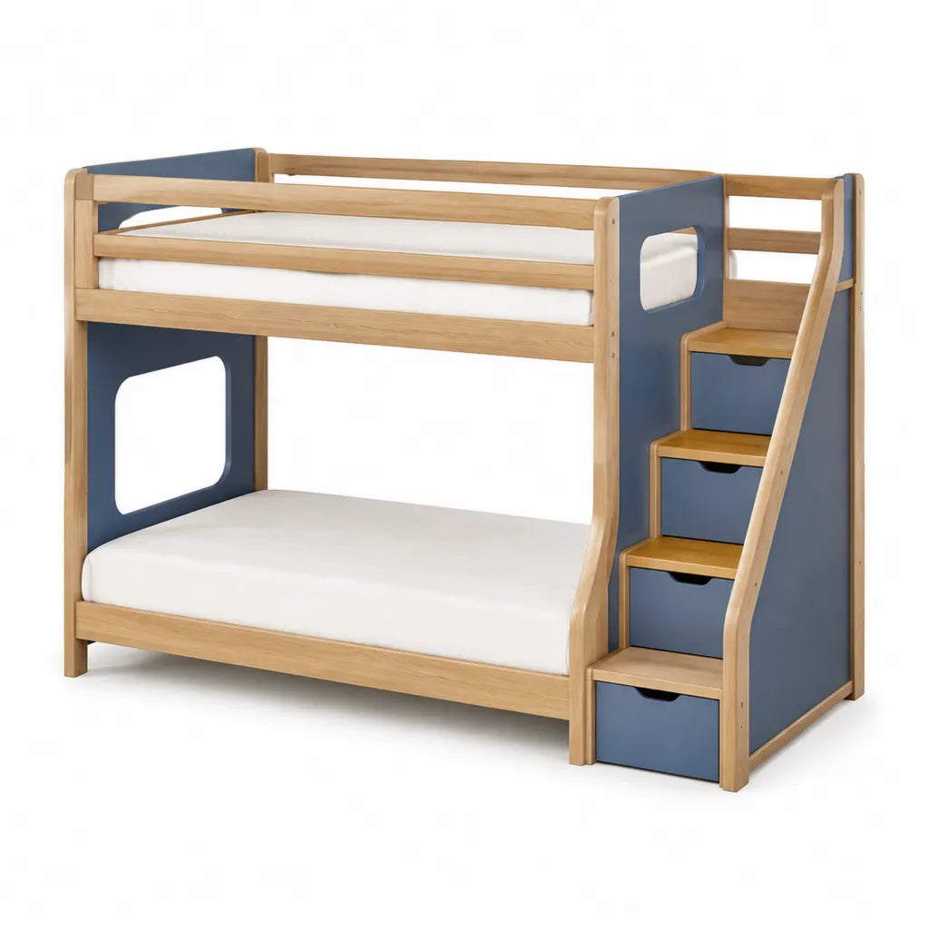 Kinder Etagenbett 90 x 200 cm aus massivem Gummibaumholz und MDF mit Treppe 4 Schubladen in Natur Blau