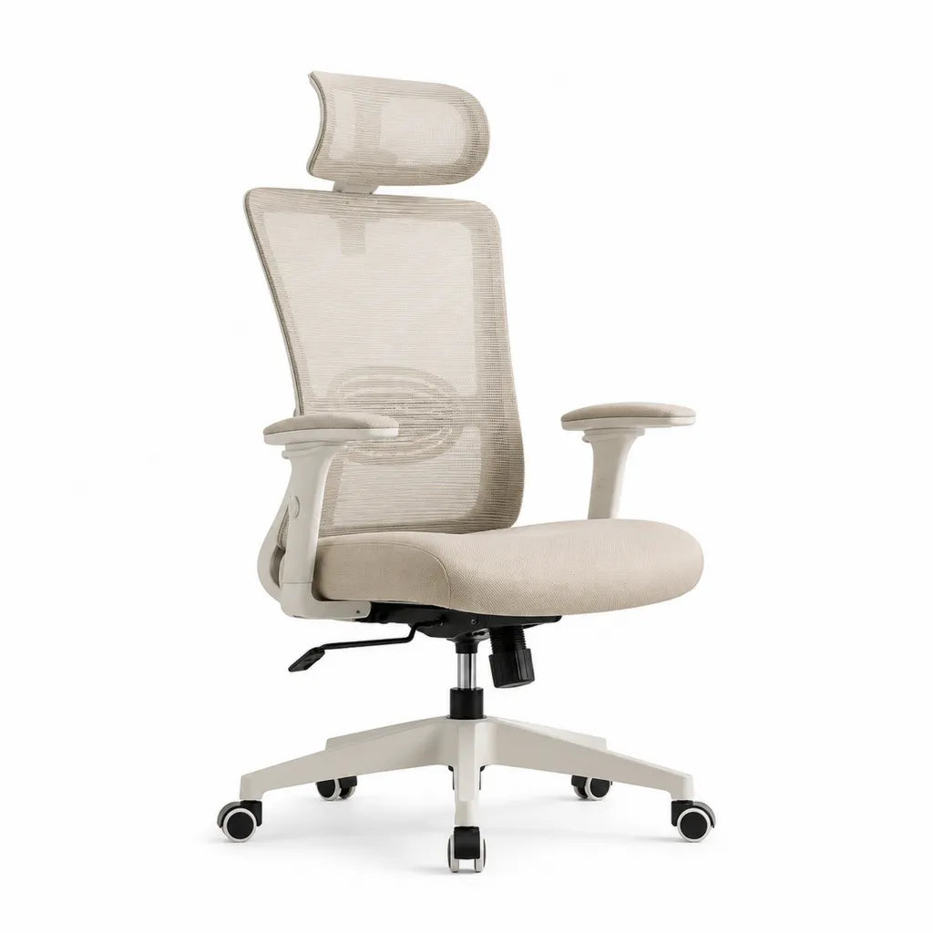 Ergonomischer Bürodrehstuhl mit Kopfstütze und Netzrücken Beige 66 x 66 x 116-126 cm