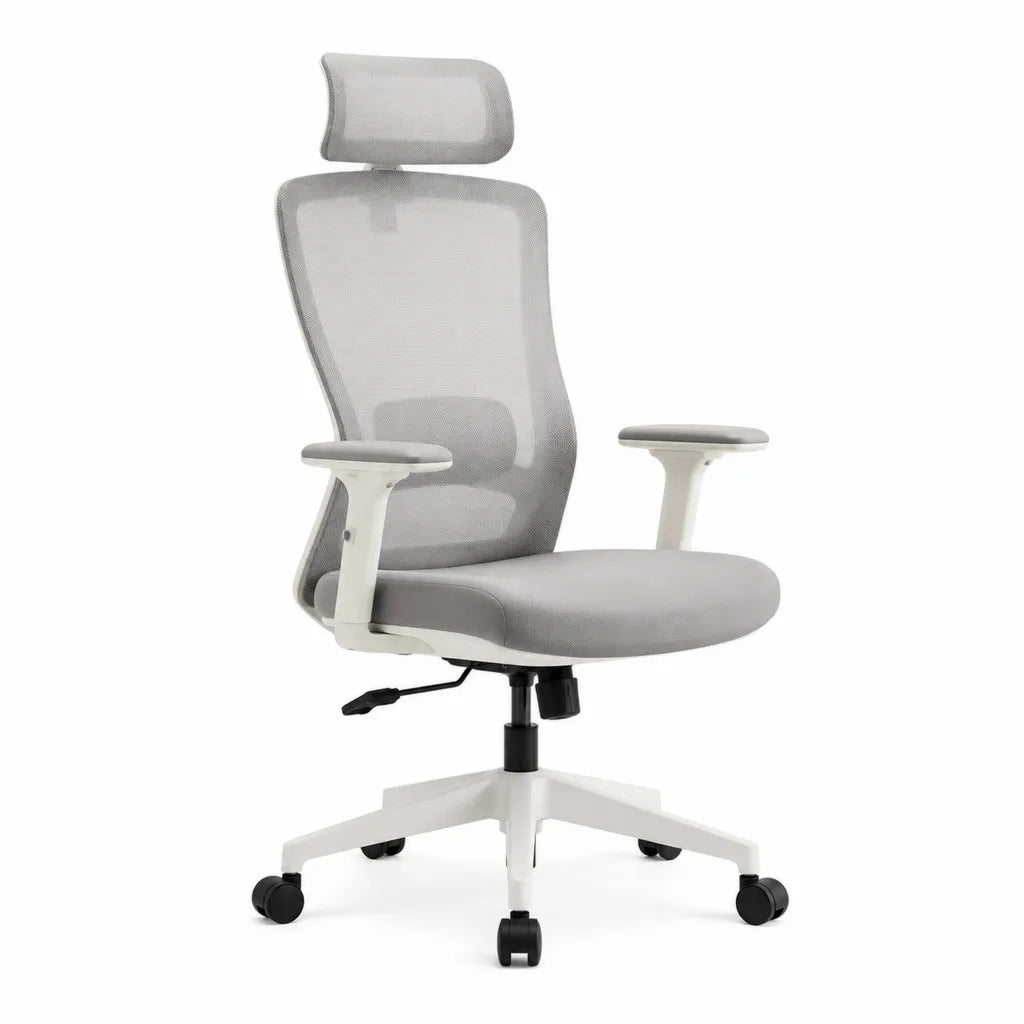 Ergonomischer Bürostuhl mit Kopfstütze hoher Rückenlehne Polyester-Netzbezug Grau Weiß 64 x 64 x 118-128 cm