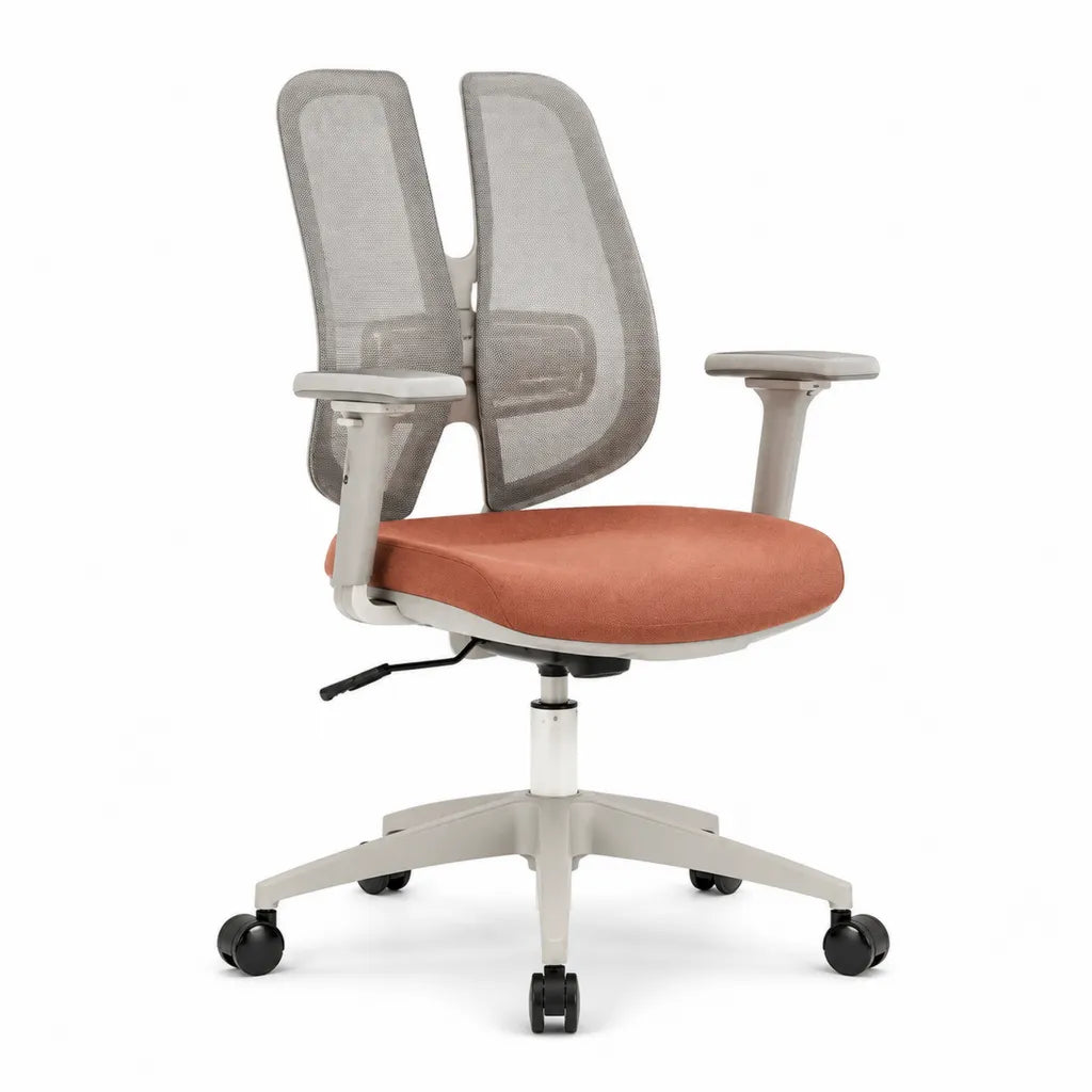 Ergonomischer Bürostuhl Drehstuhl mit gebogener Netzrückenlehne Polyesterbezug und Lendenstütze Grau Terrakotta 64 x 64 x 99-109 cm