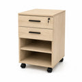 Büro-Rollcontainer mit 2 Schubladen und 2 offenen Fächern aus melaminharzbeschichteter Spanplatte in Eiche hell 40 x 50 x 65 cm